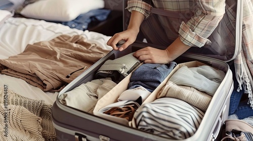 Person organizing and packing clothes into a suitcase, preparing for a trip, capturing the essence of travel planning.. © Natpasit