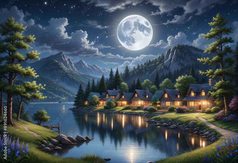 Obraz premium night landscape with lake and mountains