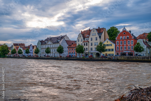 View of the old town of Landshut during flooding on the Isar, Germany.