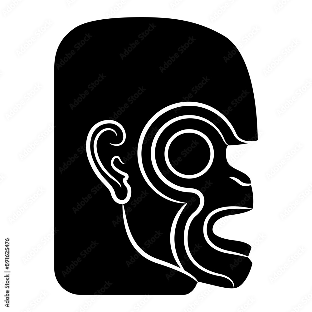 Stylized monkey head in profile. Ethnic animal design of Maya Indians from ancient Guatemala. Black and white silhouette. Stylized monkey head in profile. Ethnic animal design of Maya Indians from ancient Guatemala. Black and white silhouette.