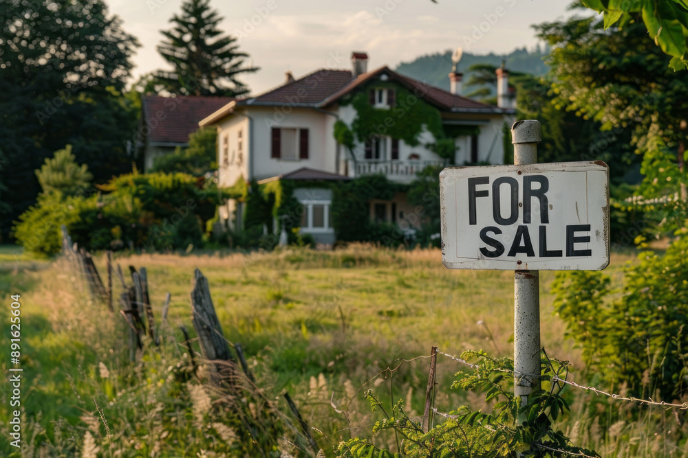 Obraz premium A FOR SALE sign against the background of a house for sale, free housing for purchase