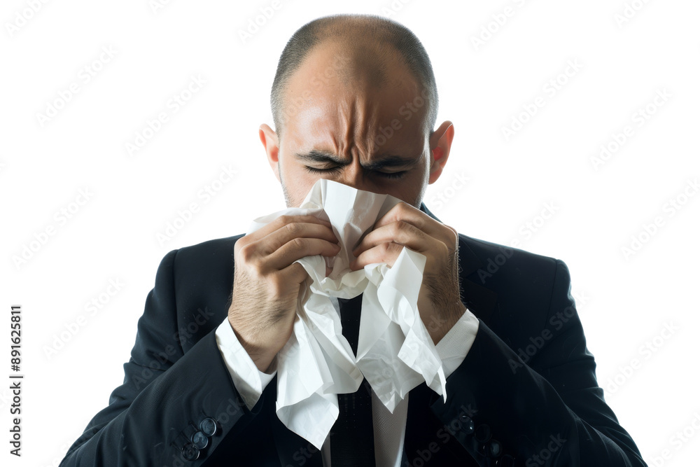 Businessman sneezing into tissue paper, showing illness isolated on white background Businessman sneezing into tissue paper, showing illness isolated on white background