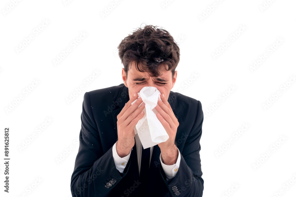 Businessman sneezing into tissue paper, showing illness isolated on white background Businessman sneezing into tissue paper, showing illness isolated on white background