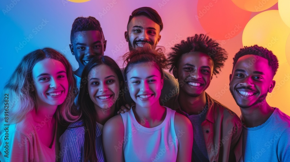 group of people of different ethnicities smiling at the camera on neon colored backgrounds group of people of different ethnicities smiling at the camera on neon colored backgrounds