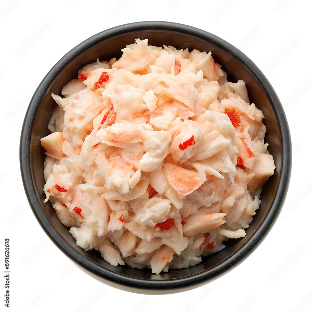 Top View of Black Bowl with Imitation Crabmeat Isolated on White. Perfect for: Seafood Restaurants, Culinary Classes, Sushi Bars Top View of Black Bowl with Imitation Crabmeat Isolated on White. Perfect for: Seafood Restaurants, Culinary Classes, Sushi Bars