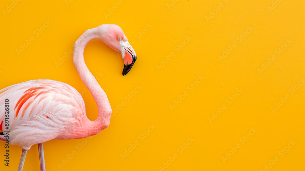 Naklejka premium Pink flamingo in yellow background