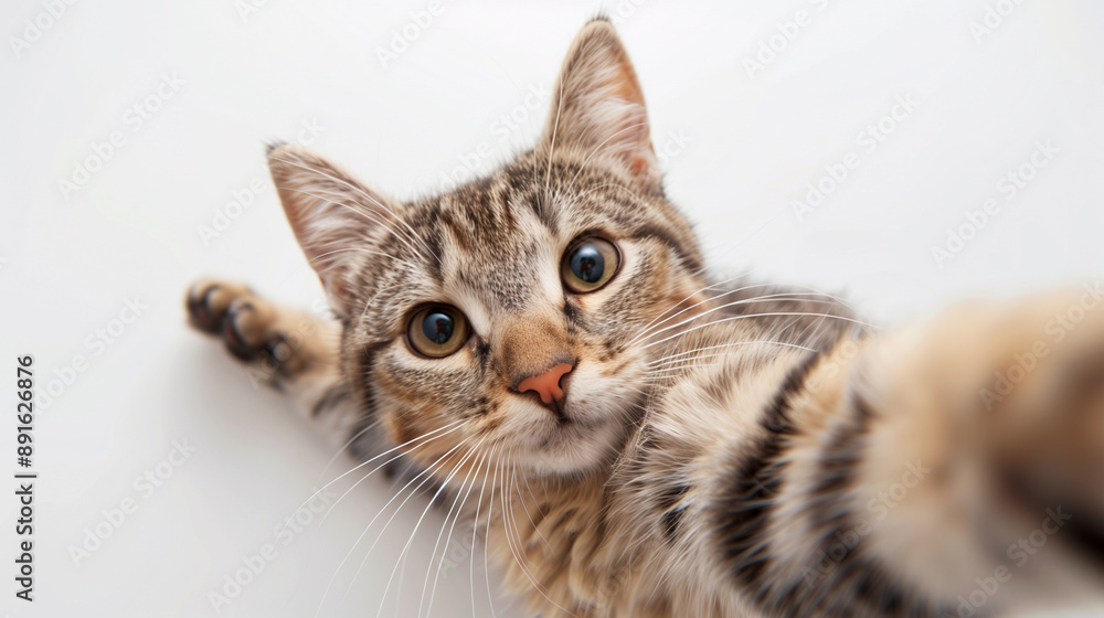 playful kitten makes selfie on a white background playful kitten makes selfie on a white background