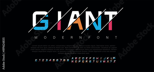 Giant Creative modern alphabet. Dropped stunning font, type for futuristic logo, headline, creative lettering and maxi typography. Minimal style letters with yellow spot. Vector typographic design