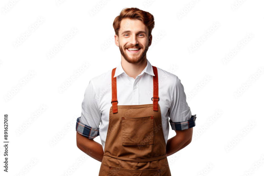 Fototapeta premium Barista bartender with beard smiling at camera Isolated on white background
