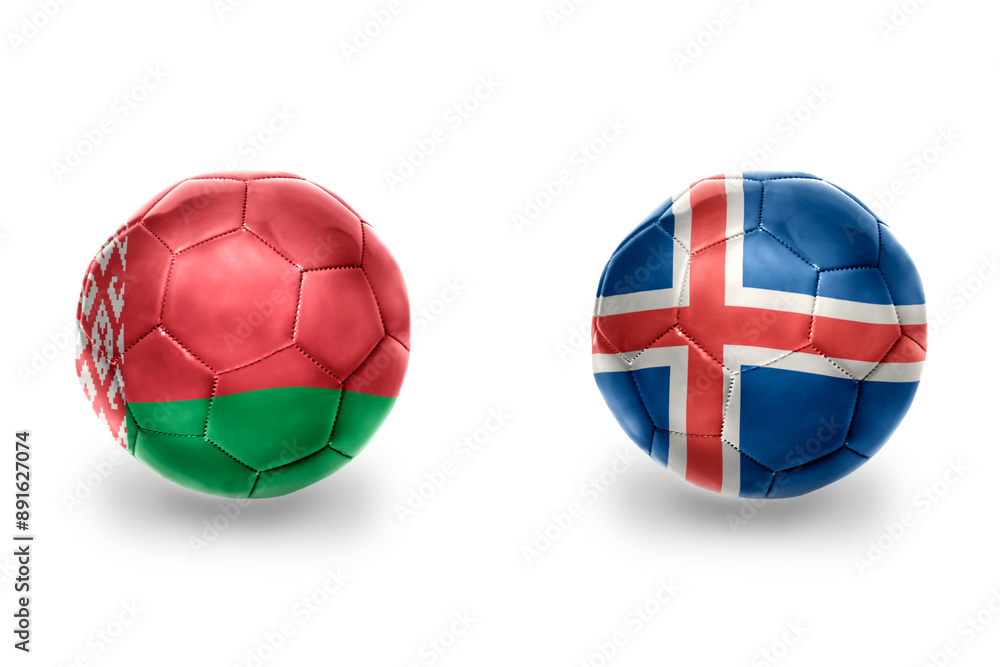 Obraz premium football balls with national flags of iceland and belarus, soccer teams. on the white background.