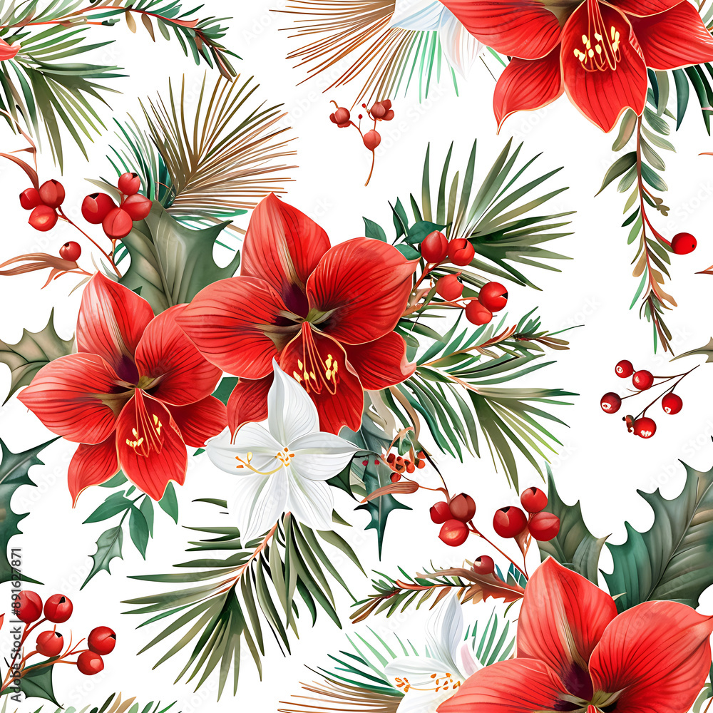 3D Christmas floral pattern featuring amaryllis and fir branches in a seamless design on a white background 2 3D Christmas floral pattern featuring amaryllis and fir branches in a seamless design on a white background 2