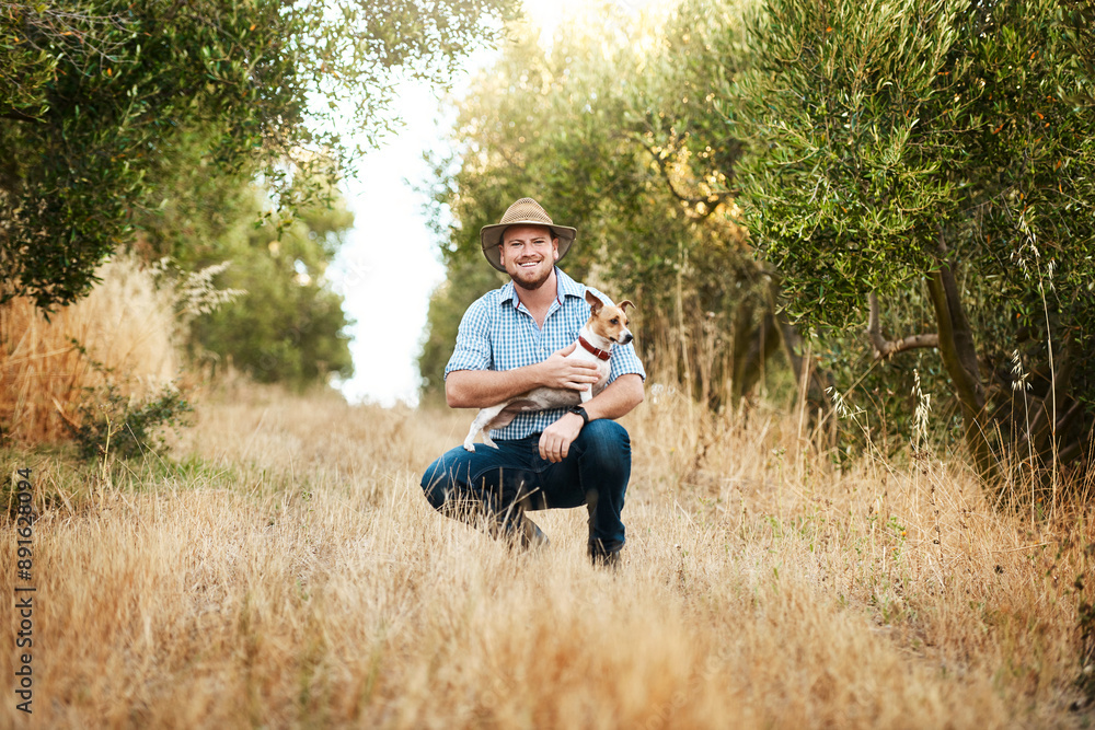 Nature, agriculture and portrait of man with dog for bonding, connection and animal training in countryside. Field, sustainable and farmer with Jack Russell puppy in outdoor environment farm in Texas Nature, agriculture and portrait of man with dog for bonding, connection and animal training in countryside. Field, sustainable and farmer with Jack Russell puppy in outdoor environment farm in Texas