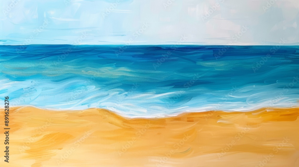 Beautiful beach painting with sandy shorelines, calming blue ocean waves, creating serene atmosphere Beautiful beach painting with sandy shorelines, calming blue ocean waves, creating serene atmosphere