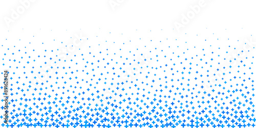 Medical blue cross symbol and plus sign seamless pattern on horizontal white background