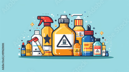 Colorful illustration of various hazardous household chemical bottles with warning labels on a light blue background.