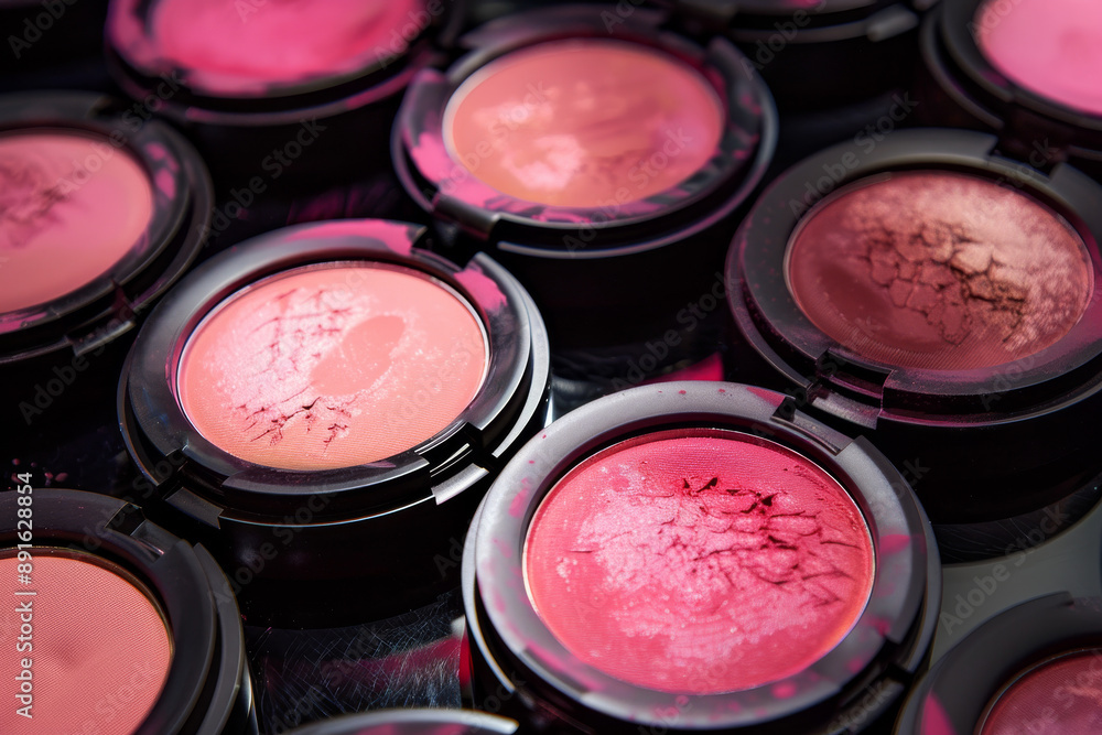 A vibrant display of various shades of pink crushed blush powders in sleek black cases, showcasing the beauty and color of cosmetic products. A vibrant display of various shades of pink crushed blush powders in sleek black cases, showcasing the beauty and color of cosmetic products.