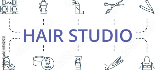 Hair Studio thin line icon set. Monochrome simple Hair Studio icon collection. Barber Shop, Barber Chair Spray, Scissors, Razor, Shaving Foam, Wax, Hair Gel, Hair Iron, Apron icons.