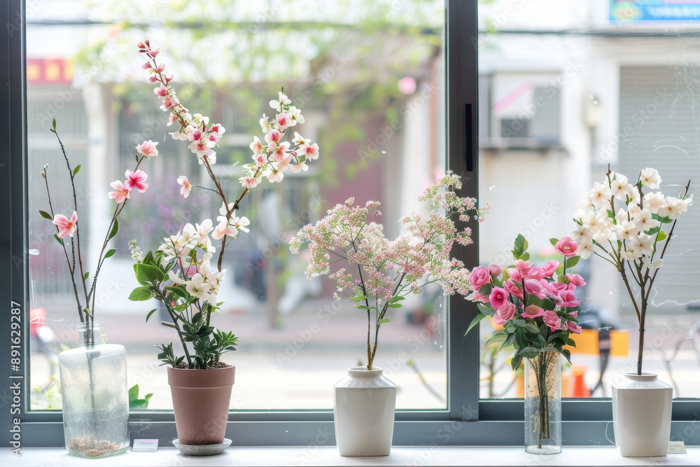 Fototapeta premium Various potted flowers line up on a windowsill, bringing a vibrant burst of color and life to the interior space.