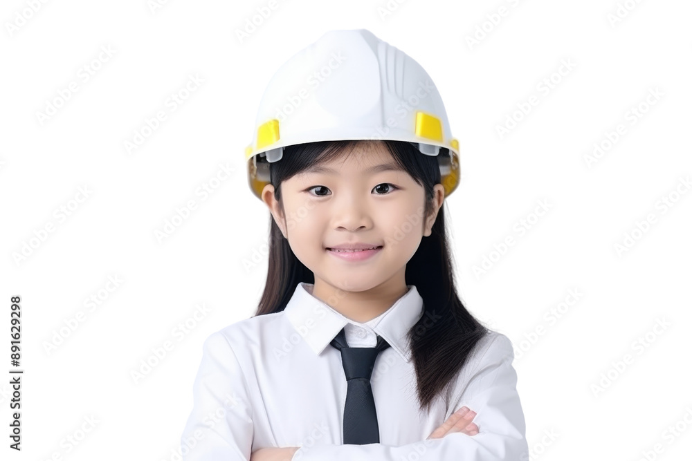 Asian girl child wearing engineering helmet with arms crossed Isolated on white background Asian girl child wearing engineering helmet with arms crossed Isolated on white background