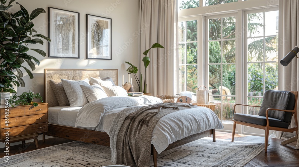 Fototapeta premium A tranquil bedroom with a mid-century modern bed
