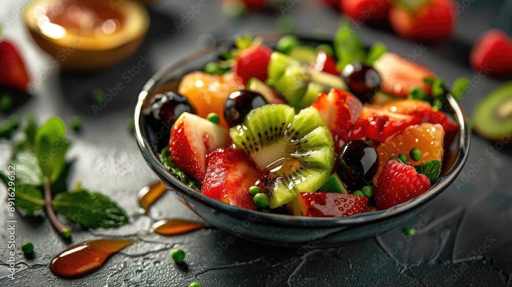 Colorful fresh fruit salad with strawberries, kiwi, cherries, and orange slices in a bowl, garnished with mint leaves and honey drizzle. Colorful fresh fruit salad with strawberries, kiwi, cherries, and orange slices in a bowl, garnished with mint leaves and honey drizzle.