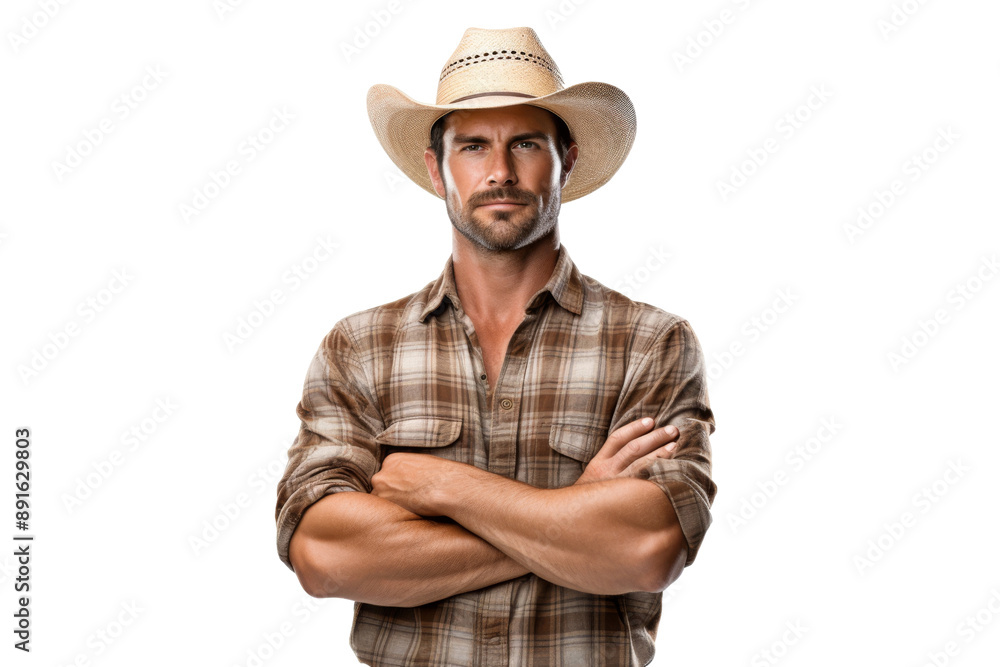 Agricultural worker in a straw hat and plaid shirt with arms crossed Isolated on white background Agricultural worker in a straw hat and plaid shirt with arms crossed Isolated on white background