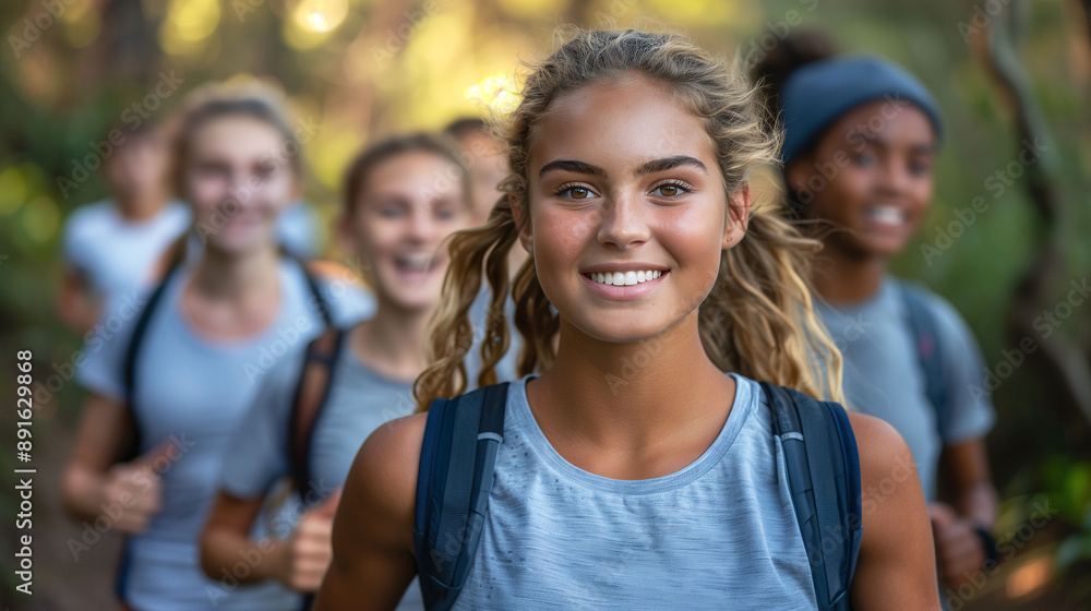 A group of young people hiking on a forest trail, smiling and enjoying their outdoor adventure. The focus is on a girl in the foreground with long, curly hair and a backpack A group of young people hiking on a forest trail, smiling and enjoying their outdoor adventure. The focus is on a girl in the foreground with long, curly hair and a backpack