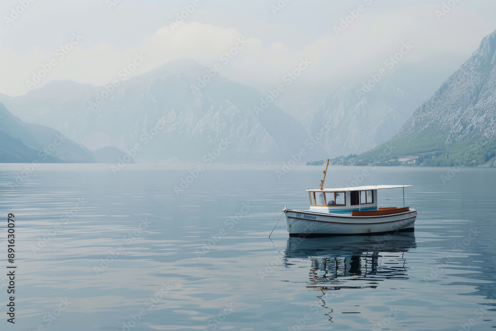 A solitary boat floats on a tranquil lake surrounded by misty mountains, creating a serene and peaceful atmosphere. A solitary boat floats on a tranquil lake surrounded by misty mountains, creating a serene and peaceful atmosphere.