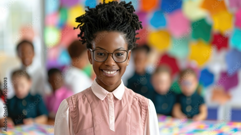 Smiling teacher guiding and collaborating with a diverse group of students on a group project in a vibrant colorful classroom setting The scene depicts cooperative learning teamwork Smiling teacher guiding and collaborating with a diverse group of students on a group project in a vibrant colorful classroom setting The scene depicts cooperative learning teamwork