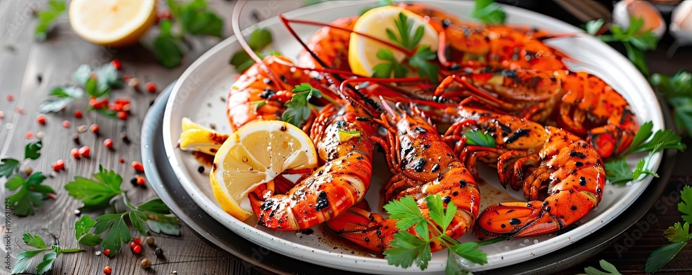 Delicious grilled prawns served on a white plate garnished with fresh herbs and lemon slices, perfect for a gourmet seafood meal. Delicious grilled prawns served on a white plate garnished with fresh herbs and lemon slices, perfect for a gourmet seafood meal.