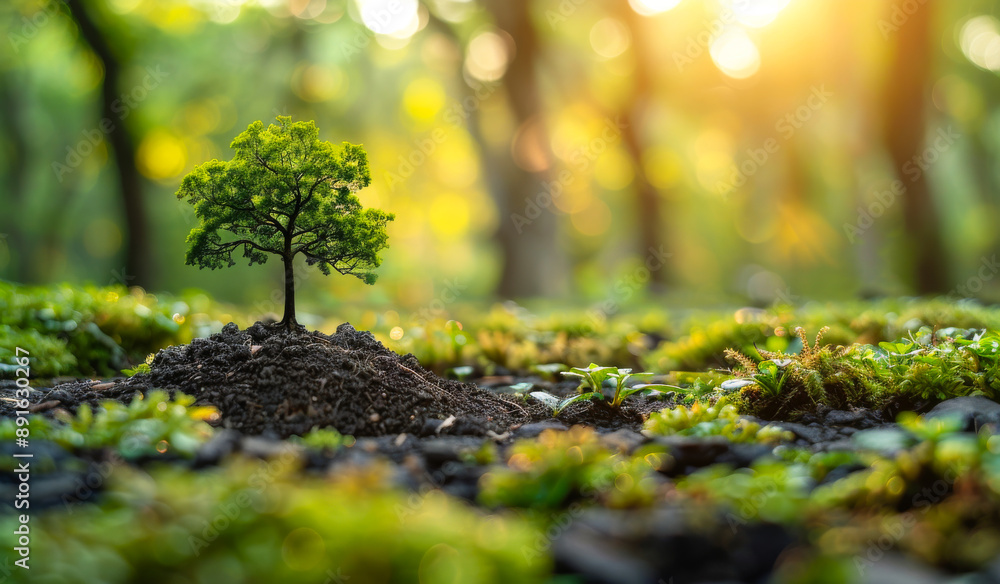 Young Tree Growing in Forest at Sunset. A young tree grows in the fertile ground of a forest floor Young Tree Growing in Forest at Sunset. A young tree grows in the fertile ground of a forest floor
