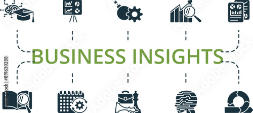 Business Insights icon set. Monochrome simple Business Insights icon collection. Machine Learning, Data Visualization, Risk Management, Benchmarking, Reporting, Data Discovery, Event Processing