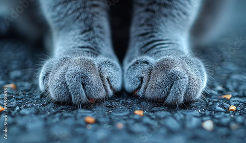 Close-Up of Cat Paws on Pavement. A close-up of a cat's paws resting on a textured pavement surface.