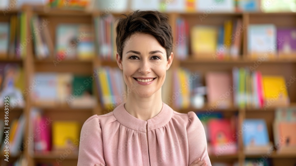 Smiling female educator using a storybook to teach moral values and character education to primary school students in a cozy library classroom setting Smiling female educator using a storybook to teach moral values and character education to primary school students in a cozy library classroom setting