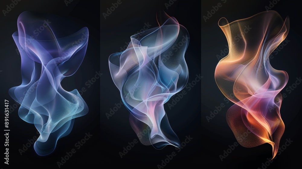 Abstract light trails in vibrant colors creating fluid shapes on a dark background, representing motion and energy. Abstract light trails in vibrant colors creating fluid shapes on a dark background, representing motion and energy.