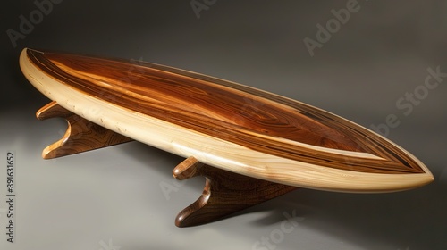 Elegant Wooden Surfboard Design Capturing the Essence of Coastal Lifestyle and Surf Culture photo