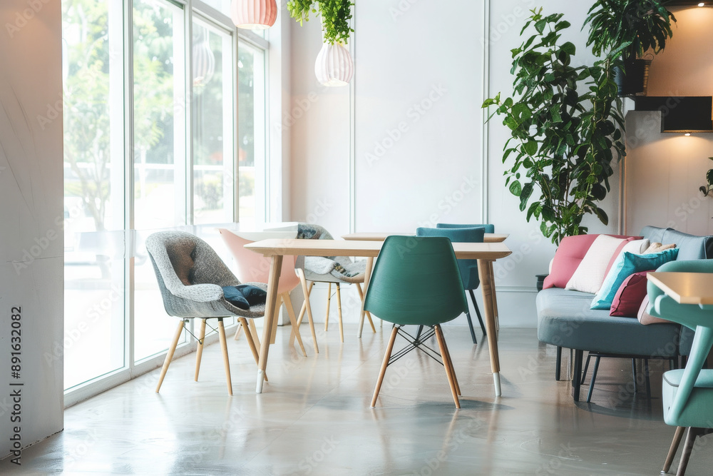 Fototapeta premium Chic and airy modern living space with an eclectic mix of chairs, a central table, and lush indoor plants.