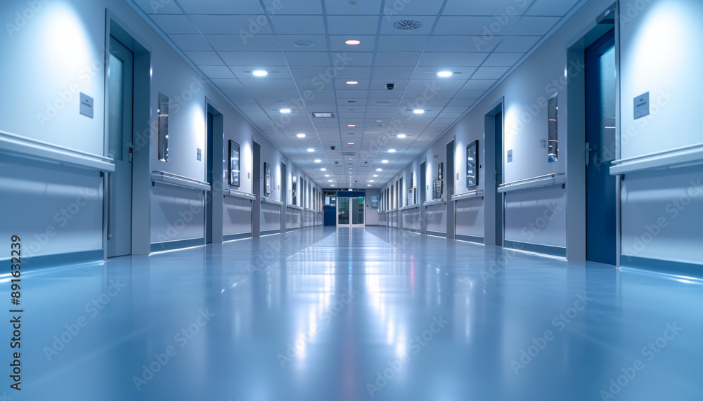 Empty Hospital Corridor With Doors and Handrails Empty Hospital Corridor With Doors and Handrails