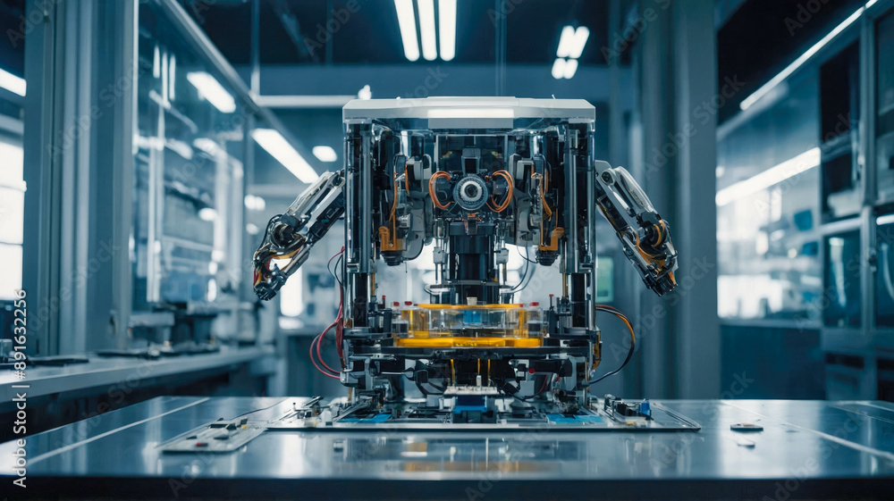 A high-tech robotic setup in a laboratory, featuring intricate machinery and wires with a futuristic ambiance A high-tech robotic setup in a laboratory, featuring intricate machinery and wires with a futuristic ambiance