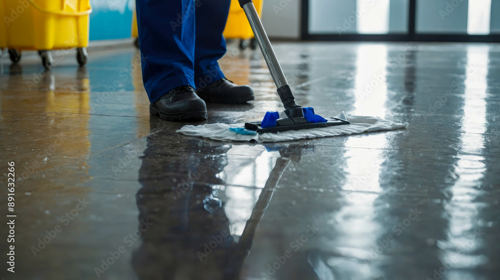 Janitor mopping a polished floor in a modern office setting Janitor mopping a polished floor in a modern office setting