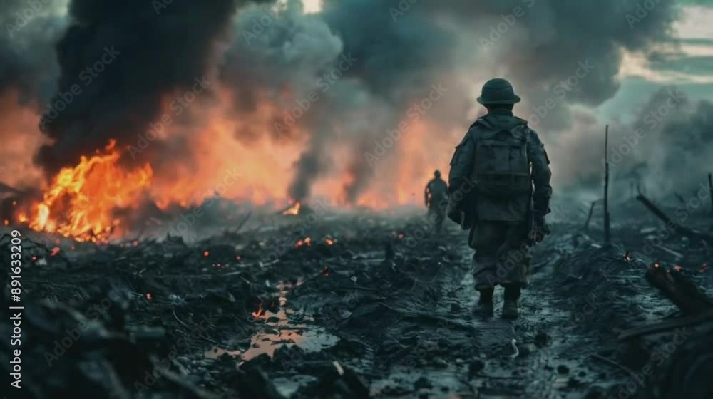 Soldiers Marching Through a War-Torn Landscape. Two soldiers walk through a desolate landscape amidst burning debris and smoke, their silhouettes stark against the fiery backdrop. Seamless video Ai Soldiers Marching Through a War-Torn Landscape. Two soldiers walk through a desolate landscape amidst burning debris and smoke, their silhouettes stark against the fiery backdrop. Seamless video Ai