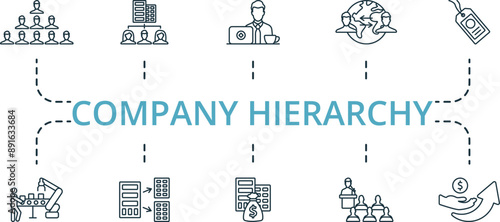 Company Hierarchy thin line icon set. Monochrome simple Company Hierarchy icon collection. Hierarchy, Organization, Employee, Globalization, Brand, Production, Branch Office, Budget, Conference