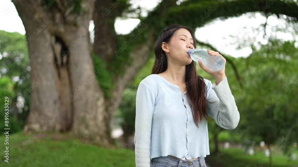 Asian woman drinking water from a bottle while standing outdoors. She is wearing a light blue top and jeans, with a background featuring a large tree. Asian woman drinking water from a bottle while standing outdoors. She is wearing a light blue top and jeans, with a background featuring a large tree.