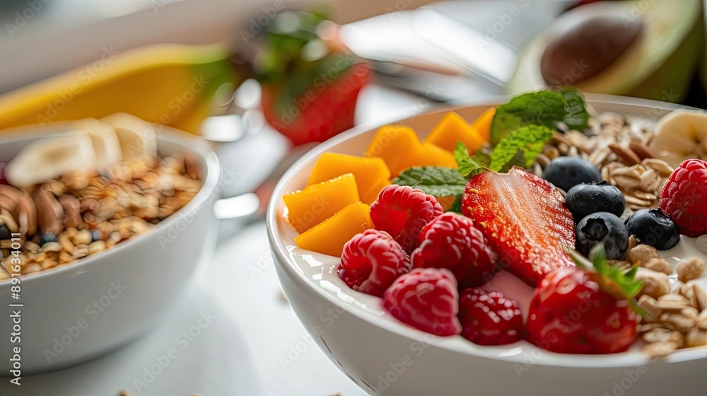 A vibrant bowl of fresh fruit and granola, featuring strawberries, raspberries, blueberries, and lush mango slices for a healthy breakfast. A vibrant bowl of fresh fruit and granola, featuring strawberries, raspberries, blueberries, and lush mango slices for a healthy breakfast.