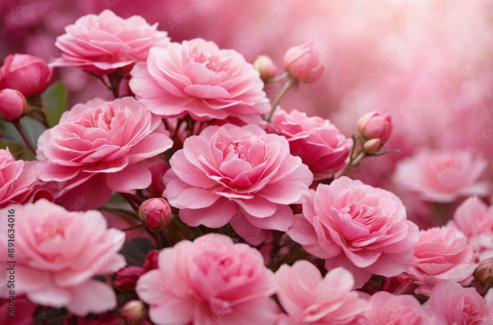 Close-up cluster of pink roses in full bloom with soft light and blurred background Close-up cluster of pink roses in full bloom with soft light and blurred background