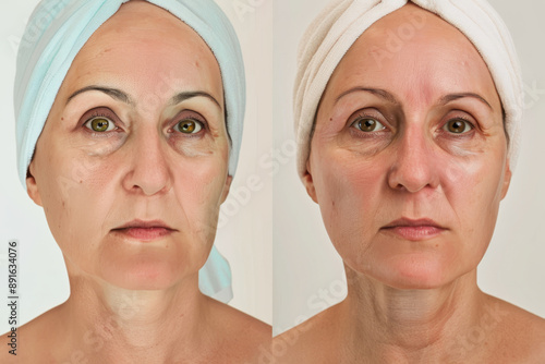 A side-by-side comparison of a woman's face before and after a skincare treatment, showing significant reduction in dark circles and improved skin tone.