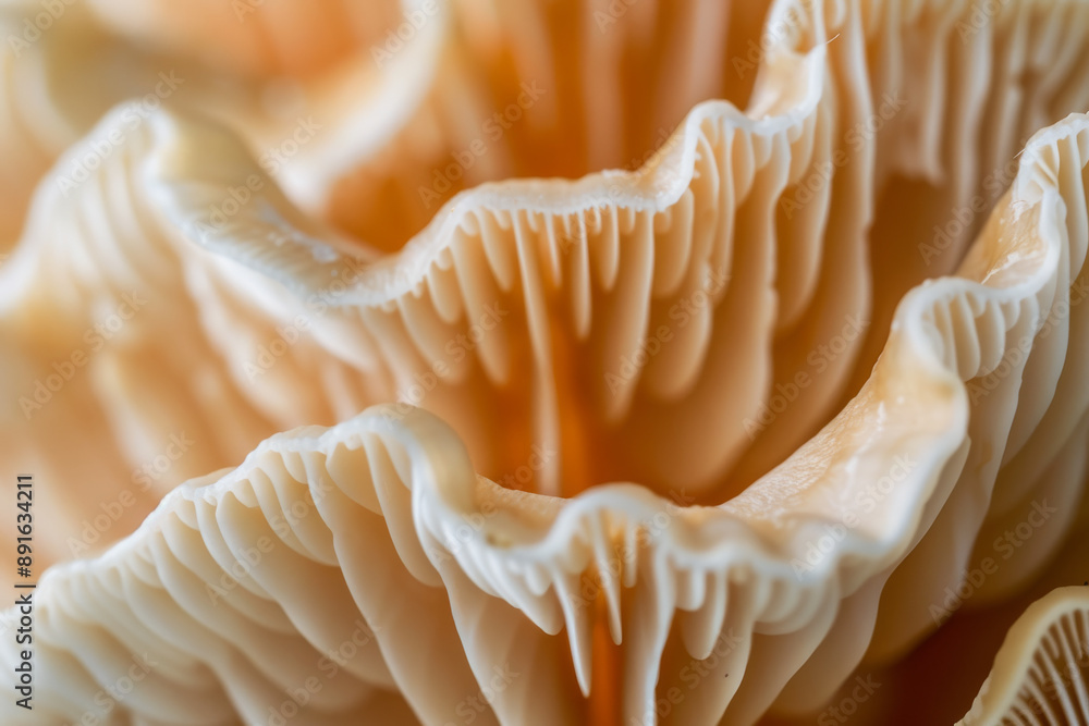Close-up of delicately folded, cream-colored mushroom gills, showcasing intricate textures and organic beauty. Close-up of delicately folded, cream-colored mushroom gills, showcasing intricate textures and organic beauty.