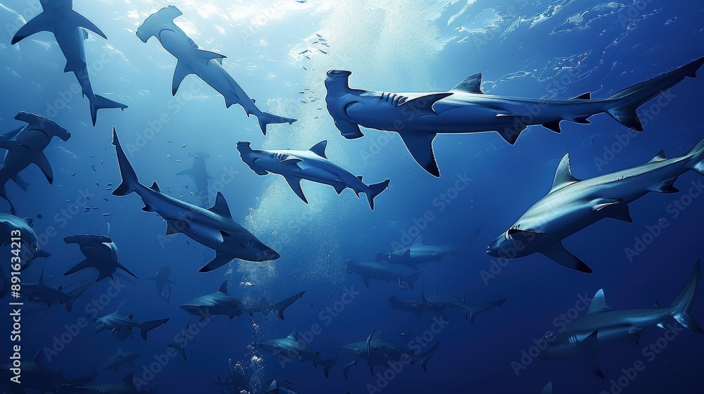Obraz premium Majestic Group of Hammerhead Sharks Swimming in the Ocean Depths