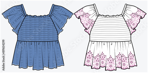 FLUTTER SLEEVES SMOCKING TOP BLOUSE DESIGNED FOR TEEN AND KID GIRLS IN VECTOR FILE