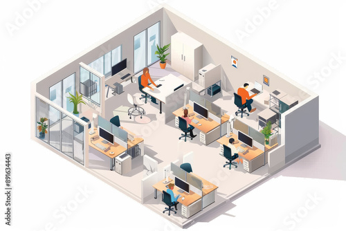 A compact office space with employees focusing on their tasks in a bright, minimalist environment featuring modern office furniture.
